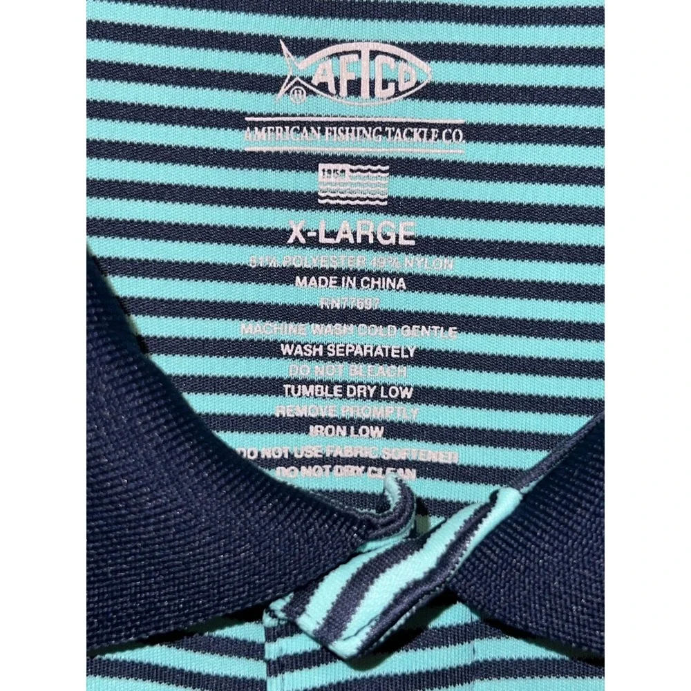 AFTCO AFTECH Mens XL Performance Fishing Polo Shirt Striped Teal Navy Blue